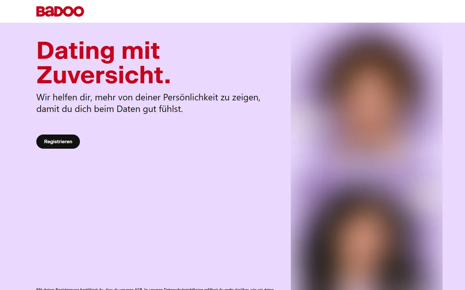 Screenshot der Badoo-Startseite mit dem Slogan „Dating mit Zuversicht.“ und einem Registrieren-Button
