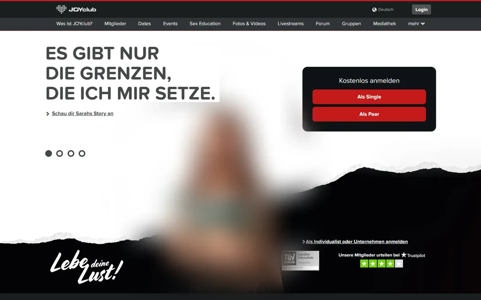 Screenshot der Joyclub-Startseite mit Navigation und Anmeldebox