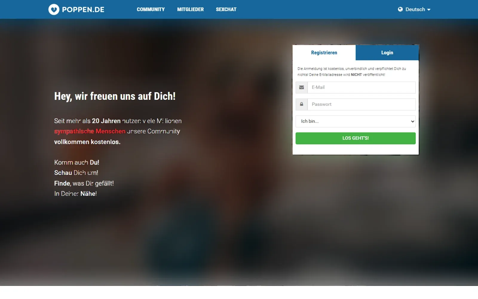 Screenshot der Poppen.de-Startseite mit Registrierungsformular