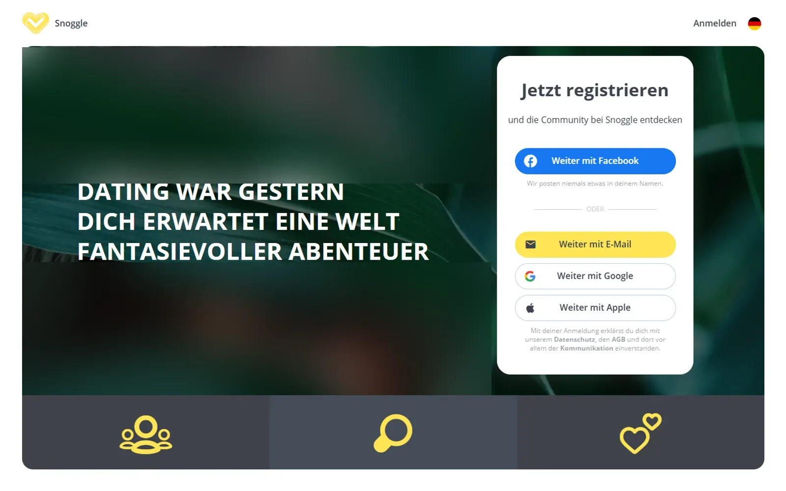 Screenshot der Snoggle-Startseite mit Registrierungsbox und dem Slogan „Dating war gestern“